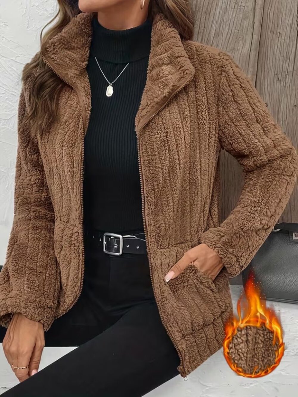 Womens Plush Warm Brown Full Zip Coat